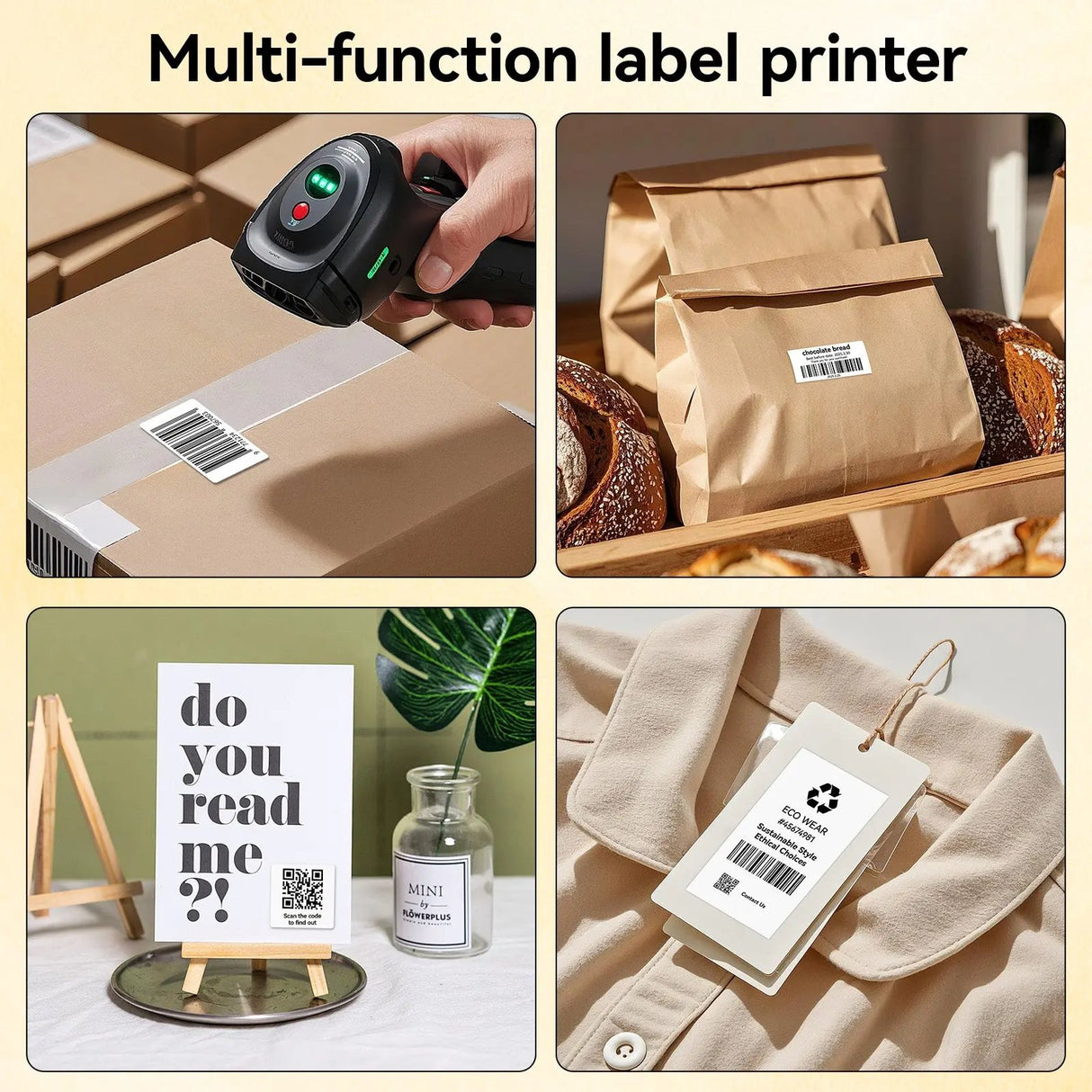 PB20 Bluetooth Label Printer, 2 Inch Portable Picture Thermal Printer, showcasing daily usage scenarios and printing with barcode scanning support