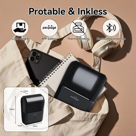 PB20 Bluetooth Label Printer, 2 Inch Portable Picture Thermal Printer, showing the product being placed in a backpack along with its size dimensions.