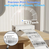 PB 40 Shipping Label Printer in White, supports Bluetooth and USB connections for seamless printing from iPhone, iPad, Android, Windows, and Mac devices. Compact wireless label printer displayed on a table, printing shipping labels next to smartphone, tablet, and laptop.