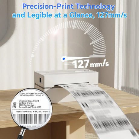 PB 40 Shipping Label Printer in White, supports Bluetooth and USB connections for seamless printing from iPhone, iPad, Android, Windows, and Mac devices. Compact wireless label printer displayed on a table, printing shipping labels next to smartphone, tablet, and laptop.