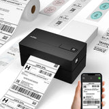 PB 40 Shipping Label Printer in black, compatible with multiple e-commerce and logistics platforms such as Amazon, Etsy, eBay, Shopify, FedEx, UPS, and ShipStation. The printer is placed on a wooden desk beside a monitor displaying supported brands.