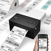 PB 40 Shipping Label Printer in black, compatible with multiple e-commerce and logistics platforms such as Amazon, Etsy, eBay, Shopify, FedEx, UPS, and ShipStation. The printer is placed on a wooden desk beside a monitor displaying supported brands.