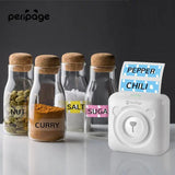 PeriPage A6 mini Bluetooth thermal printer printing colorful spice jar labels for kitchen organization, featuring inkless printing technology