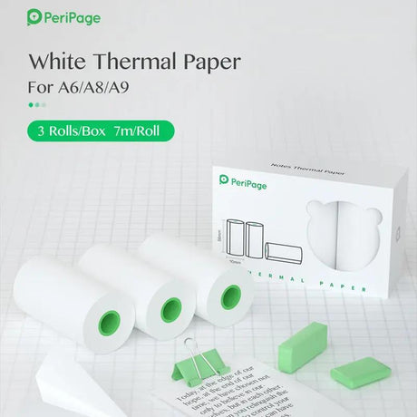 PeriPage White Thermal Paper for A6, A8, A9 Models, 3 Rolls Box, 7m Roll