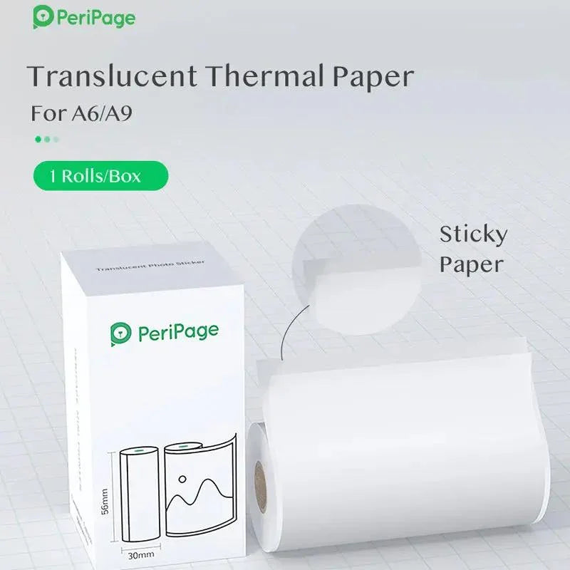PeriPage A6 56×30mm Translucent PeriPage A6 56×30mm Translucent Thermal Paper Roll, showing the roll with sticky paper feature
