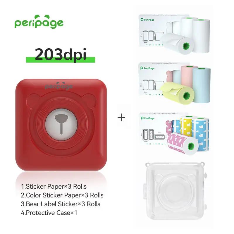 PeriPage A9 Red 203dpi Printer bundle with 3 rolls of sticker paper, 3 rolls of color sticker paper, 3 rolls of bear label stickers, and a protective case