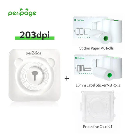 PeriPage White 203dpi Mini Thermal Label Printer with 6 Rolls Sticker Paper, 3 Rolls 15mm Label Stickers and Protective Case