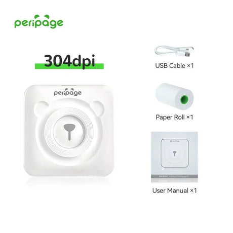 PeriPage White 304dpi High-Resolution Mini Thermal Printer Basic Set with USB Cable, Paper Roll and User Manual