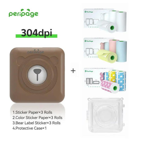 PeriPage brown 304dpi printer full set with sticker paper, color sticker paper, bear label sticker, and clear protective case