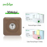 PeriPage brown 304dpi printer set with 3 rolls thermal paper and 3 rolls color thermal paper for photo and note printing.