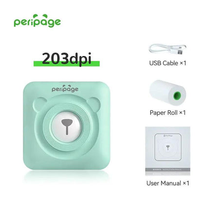 PeriPage A6 203dpi mint green portable printer set with USB cable, one paper roll, and instruction manual for everyday printing