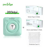 PeriPage A6 203dpi mint green printer combo including 6 rolls of sticker paper, 3 rolls of 15mm label stickers, and 1 protective transparent case