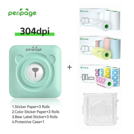 PeriPage A6 304dpi mint green printer bundle with sticker paper, color sticker paper, bear label stickers, and protective case for creative printing