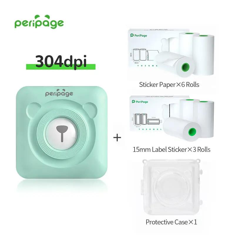 PeriPage A6 304dpi mint green printer kit including 6 rolls of sticker paper, 3 rolls of 15mm label stickers, and 1 protective transparent case