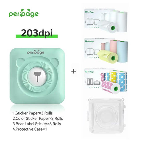 PeriPage A6 304dpi mint green portable printer set with USB cable, one paper roll, and user manual for high-resolution printing