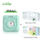 PeriPage A6 304dpi mint green portable printer set with USB cable, one paper roll, and instruction manual for photo and memo printing