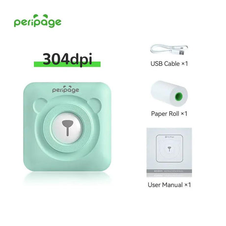 PeriPage A6 304dpi mint green portable printer with 3 rolls of white sticker paper and 3 rolls of color sticker paper for creative label printing
