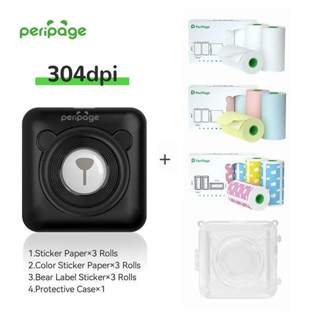 PeriPage A6 black Bluetooth thermal printer bundle with 3 rolls of sticker paper, 3 rolls of colored sticker paper, 3 rolls of bear label paper, and 1 protective case. Cute portable printer for creative projects