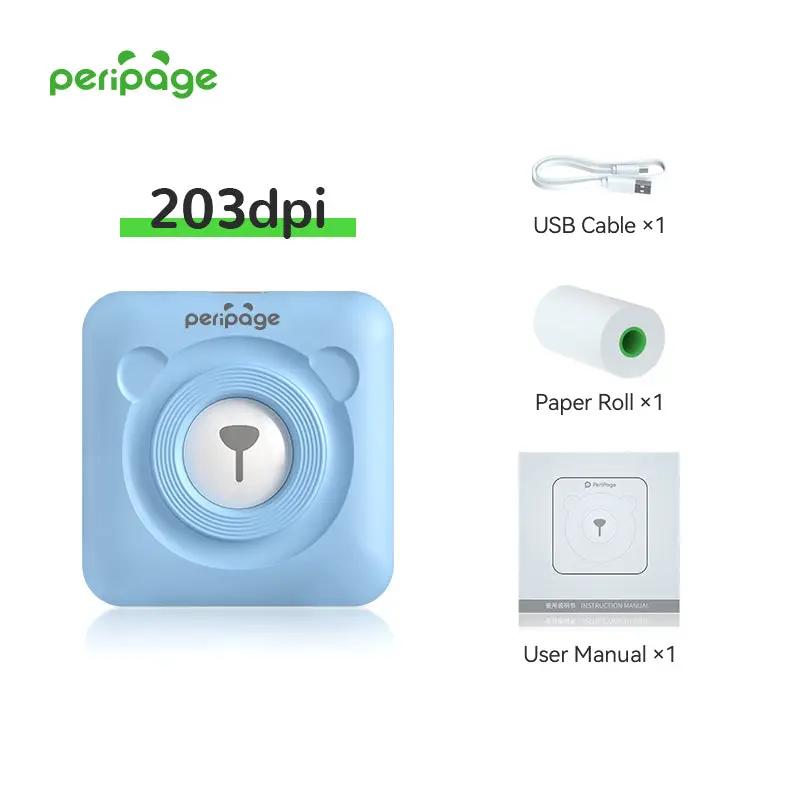 PeriPage A6 Blue 203dpi Bluetooth Portable Thermal Printer set with USB cable, paper roll, and user manual for easy printing