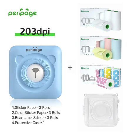 PeriPage A6 Blue 203dpi Portable Printer bundle including sticker paper, color sticker paper, bear label stickers, and transparent protective case