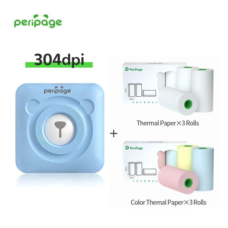 PeriPage A6 Blue 304dpi Thermal Printer with 3 thermal paper rolls and 3 color thermal paper rolls, portable wireless mini printer for phone