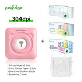 PeriPage A6 pink Bluetooth mini thermal printer combo (304dpi) with 3 rolls of sticker paper, 3 rolls of color sticker paper, 3 rolls of bear label paper, and 1 protective case. Compact printer for creative labeling