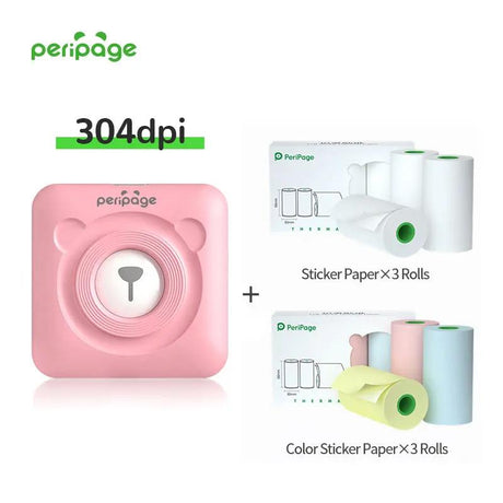 PeriPage A6 pink mini Bluetooth printer (304dpi) including 3 rolls of sticker paper and 3 rolls of colored sticker paper. Portable printer for journaling, crafts, and labeling