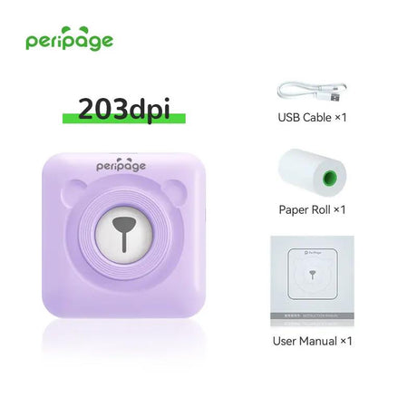 PeriPage A6 purple 203dpi portable thermal printer with USB cable, paper roll, and user manual — compact Bluetooth mini printer for mobile printing