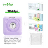 PeriPage A6 purple 304dpi Bluetooth thermal printer full bundle with 3 rolls of sticker paper, 3 rolls of color sticker paper, 3 bear label rolls, and a protective case — smart portable printer for creative use