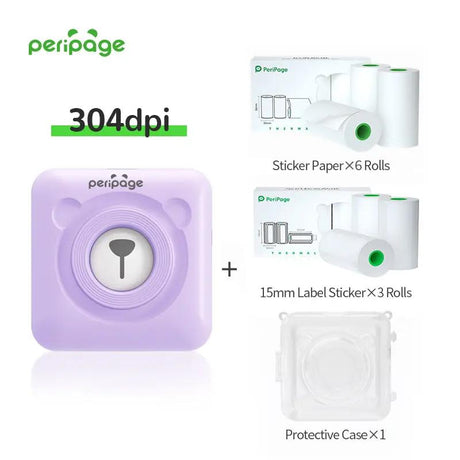 PeriPage A6 purple 304dpi portable printer set including 6 rolls of sticker paper, 3 rolls of 15mm label stickers, and a protective clear case — wireless mini label maker