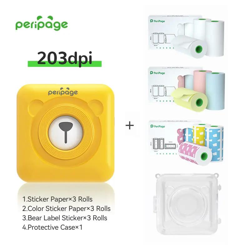 PeriPage A6 Yellow 203DPI Portable Bluetooth Printer combo with 3 sticker rolls, 3 colorful sticker rolls, 3 bear label rolls, and a protective case, perfect for home and office