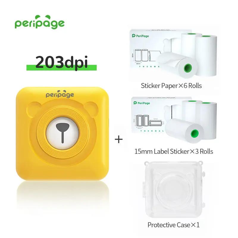 PeriPage A6 Yellow 203DPI Mini Thermal Printer set with 6 rolls of sticker paper, 15mm label rolls, and a protective carrying case for convenient portable use