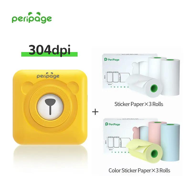 PeriPage A6 Yellow 304DPI Portable Thermal Printer set with 3 sticker rolls and 3 colorful sticker rolls, ideal for journaling, labels, and scrapbooking