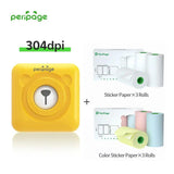 PeriPage A6 Yellow 304DPI Portable Thermal Printer set with 3 sticker rolls and 3 colorful sticker rolls, ideal for journaling, labels, and scrapbooking