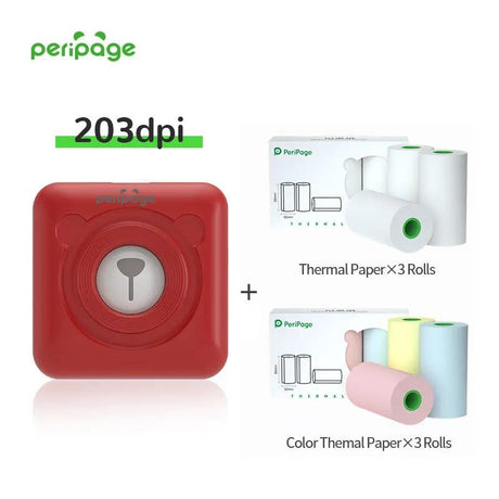 PeriPage A9 Red 203dpi Mini Printer with 3 rolls of thermal paper and 3 rolls of color thermal paper. Portable Bluetooth printer for receipts, lists, and images