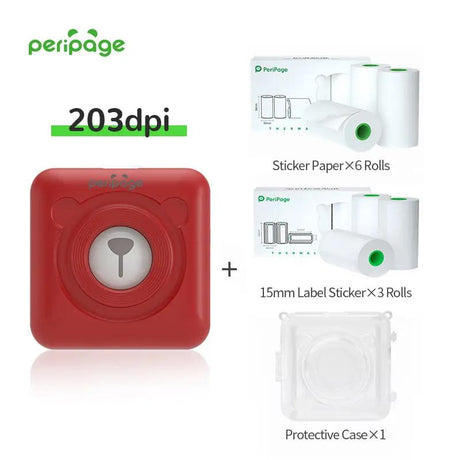PeriPage A9 Red 203dpi Printer with 6 rolls of sticker paper, 3 rolls of 15mm label sticker, and protective case. Mini Bluetooth label printer for organization and journaling