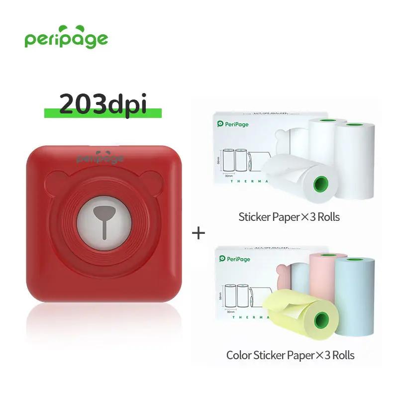PeriPage A9 Red 203dpi Printer with 3 rolls of sticker paper and 3 rolls of color sticker paper. Wireless label and note printer for home or office use
