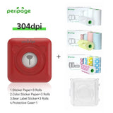 PeriPage A9 Red 304dpi Printer bundle with 3 rolls of sticker paper, 3 rolls of color sticker paper, 3 rolls of bear label stickers, and protective case