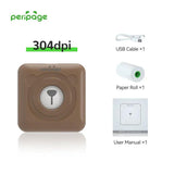 PeriPage brown mini printer 304dpi with USB cable, paper roll, and user manual — high-resolution wireless photo printer