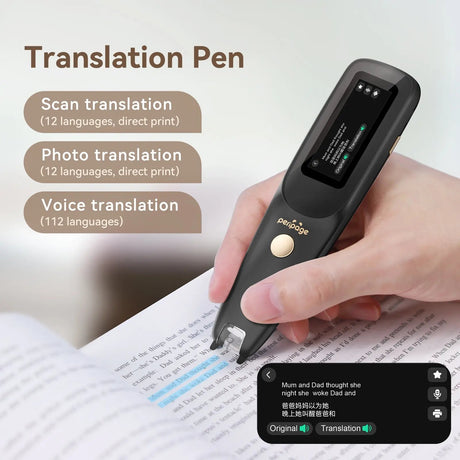 PeriPage D2S Translation Pen in action scanning and translating text from a book with its built-in scanning function and clear digital interface