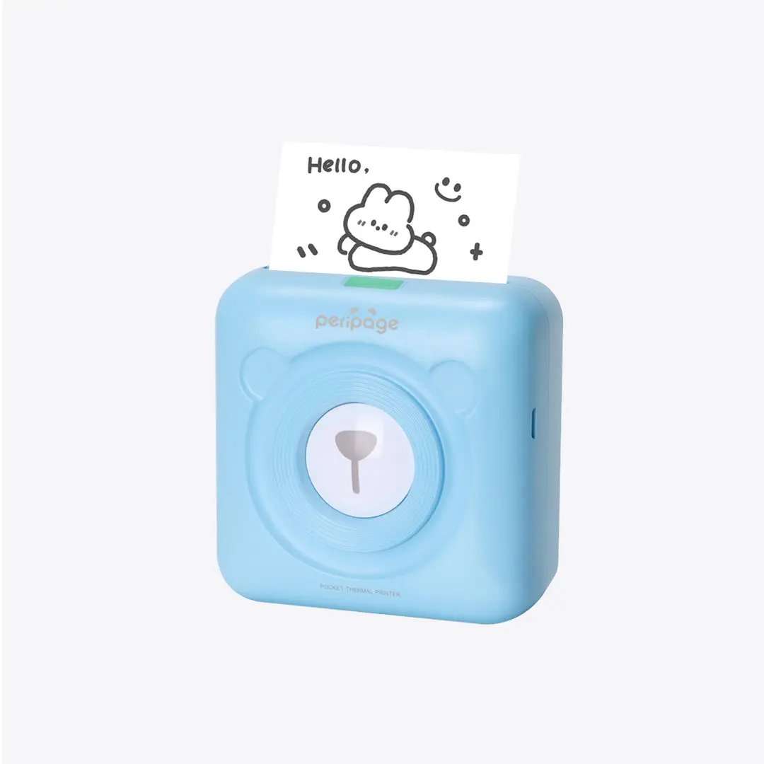 Light blue PeriPage mini thermal printer printing a cute note, pocket Bluetooth printer for photos and labels