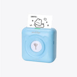 Light blue PeriPage mini thermal printer printing a cute note, pocket Bluetooth printer for photos and labels