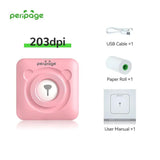 Pink PeriPage mini thermal printer full set with USB cable, paper roll, and user manual, 203dpi portable Bluetooth printer